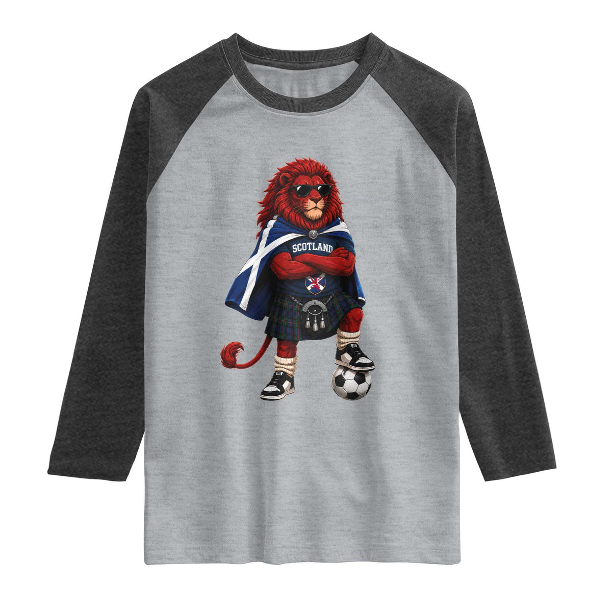 Scotland Rampant Lion Soccer Fan Raglan Shirt Scottish Pride Red Lion in Kilt with Sunglasses Football