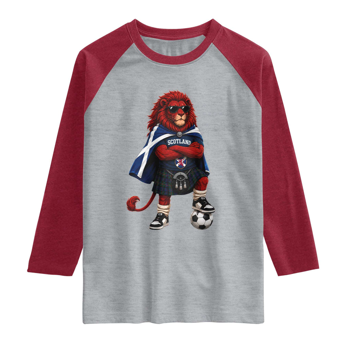 Scotland Rampant Lion Soccer Fan Raglan Shirt Scottish Pride Red Lion in Kilt with Sunglasses Football