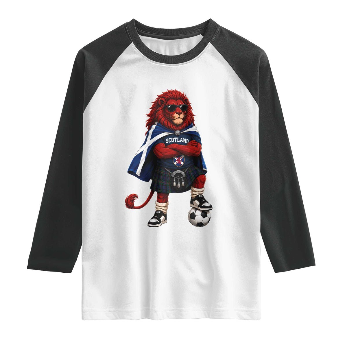 Scotland Rampant Lion Soccer Fan Raglan Shirt Scottish Pride Red Lion in Kilt with Sunglasses Football