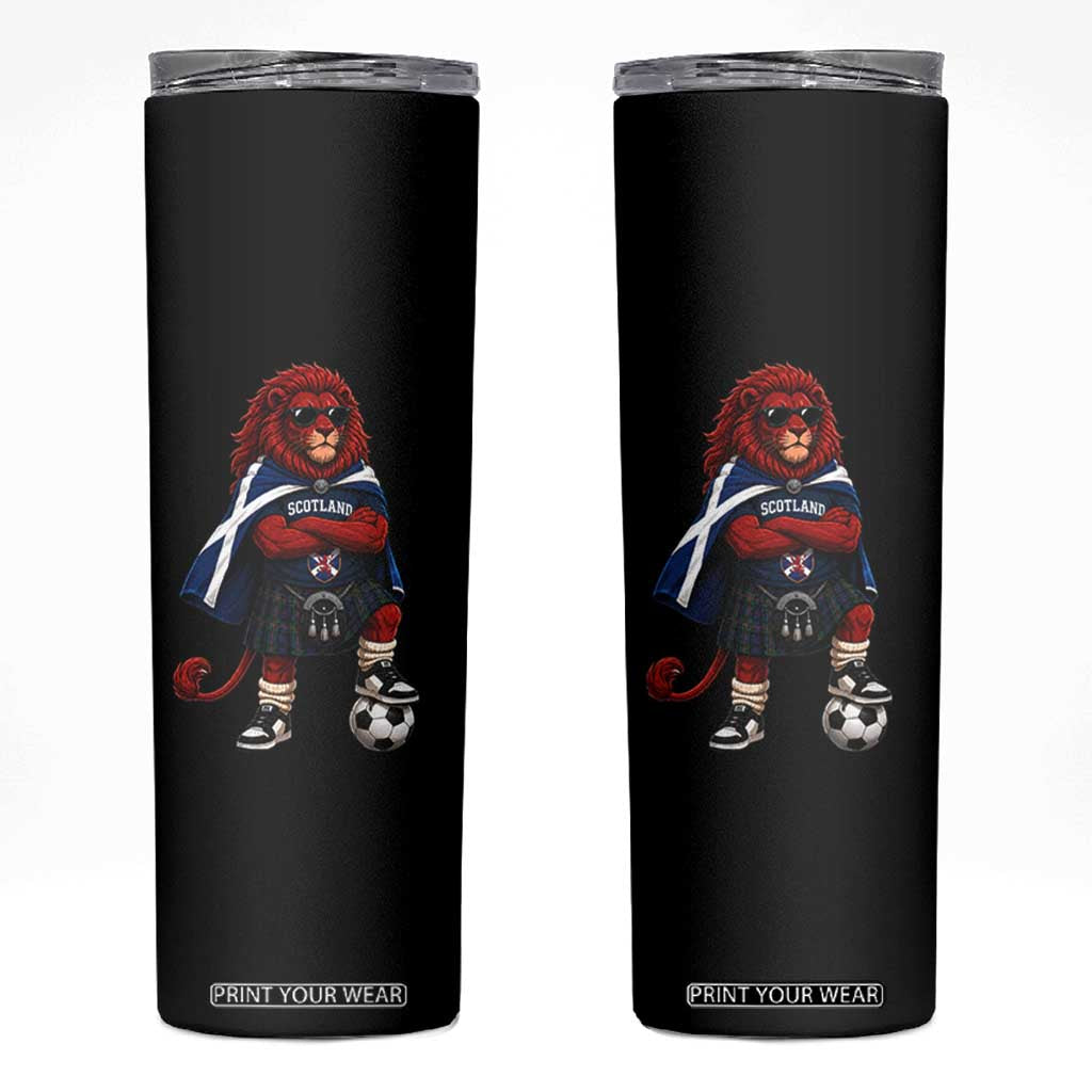 Scotland Rampant Lion Soccer Fan Skinny Tumbler Scottish Pride Red Lion in Kilt with Sunglasses Football