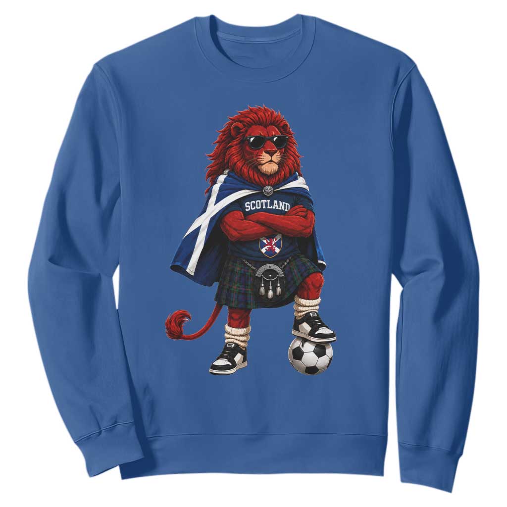 Scotland Rampant Lion Soccer Fan Sweatshirt Scottish Pride Red Lion in Kilt with Sunglasses Football