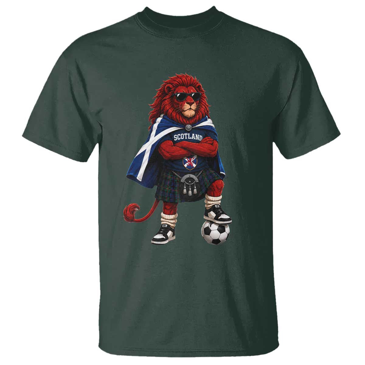 Scotland Rampant Lion Soccer Fan T Shirt Scottish Pride Red Lion in Kilt with Sunglasses Football