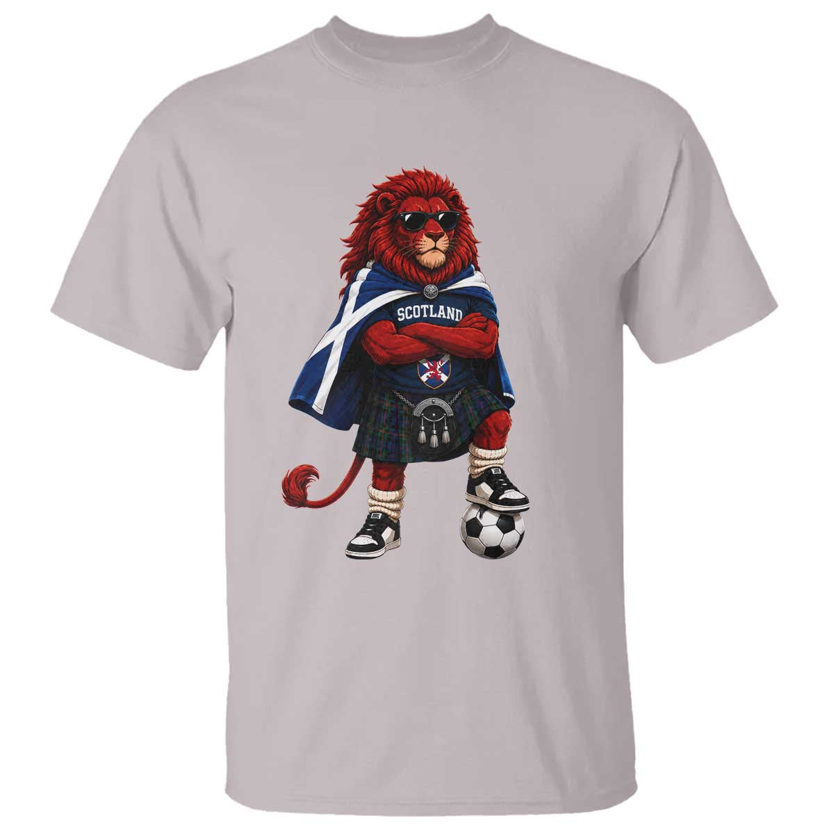 Scotland Rampant Lion Soccer Fan T Shirt Scottish Pride Red Lion in Kilt with Sunglasses Football