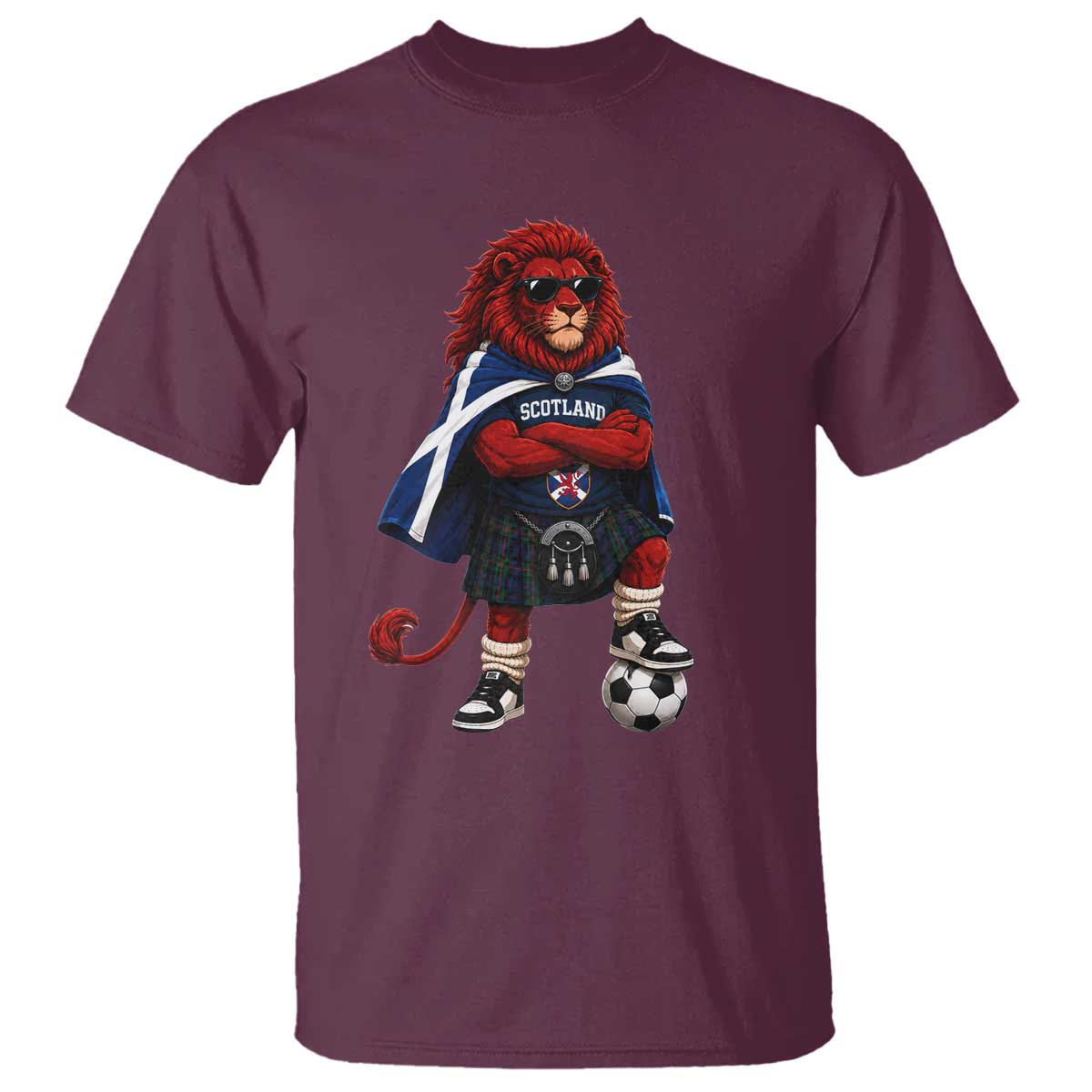 Scotland Rampant Lion Soccer Fan T Shirt Scottish Pride Red Lion in Kilt with Sunglasses Football