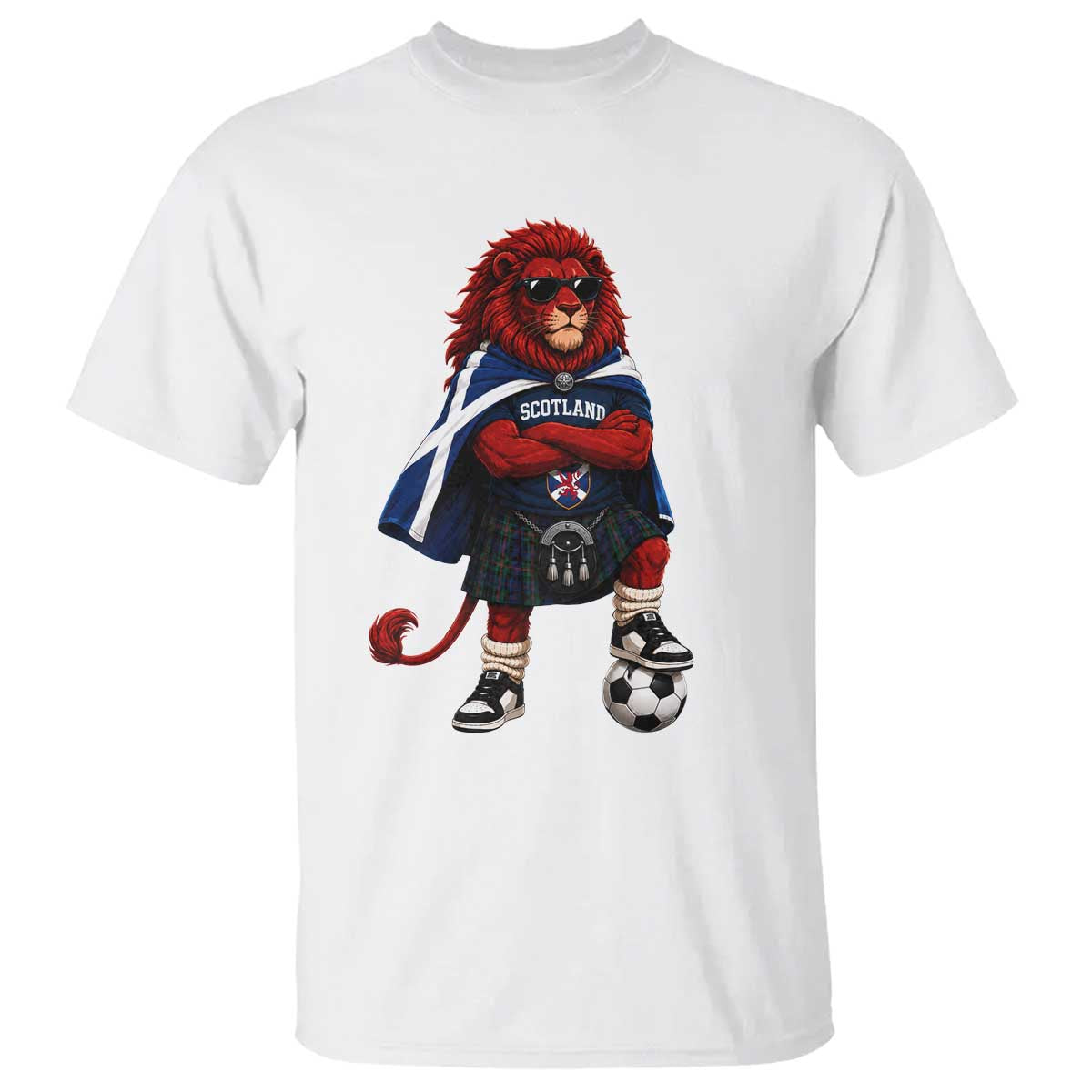 Scotland Rampant Lion Soccer Fan T Shirt Scottish Pride Red Lion in Kilt with Sunglasses Football