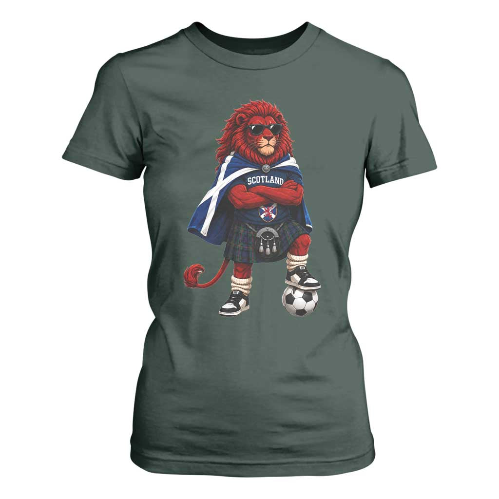 Scotland Rampant Lion Soccer Fan T Shirt For Women Scottish Pride Red Lion in Kilt with Sunglasses Football