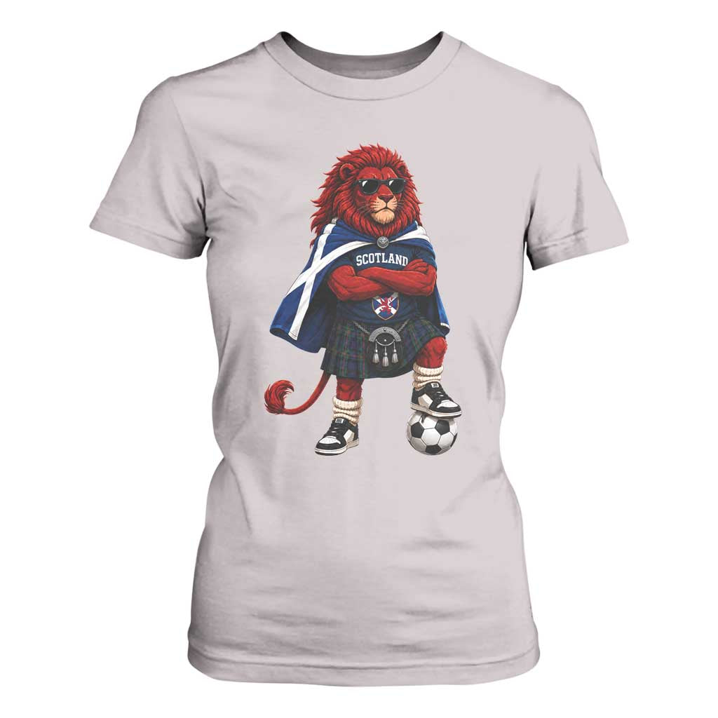 Scotland Rampant Lion Soccer Fan T Shirt For Women Scottish Pride Red Lion in Kilt with Sunglasses Football