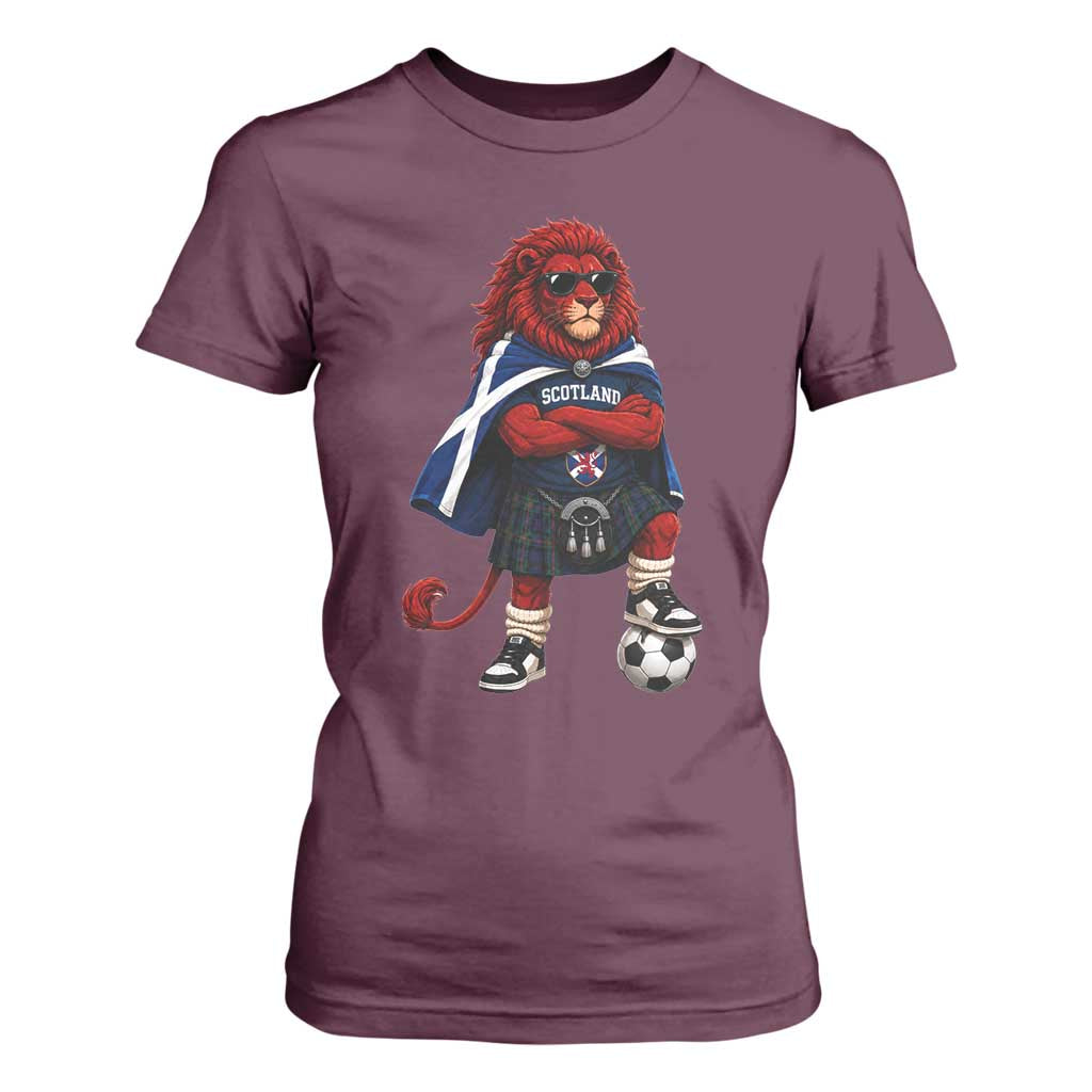 Scotland Rampant Lion Soccer Fan T Shirt For Women Scottish Pride Red Lion in Kilt with Sunglasses Football