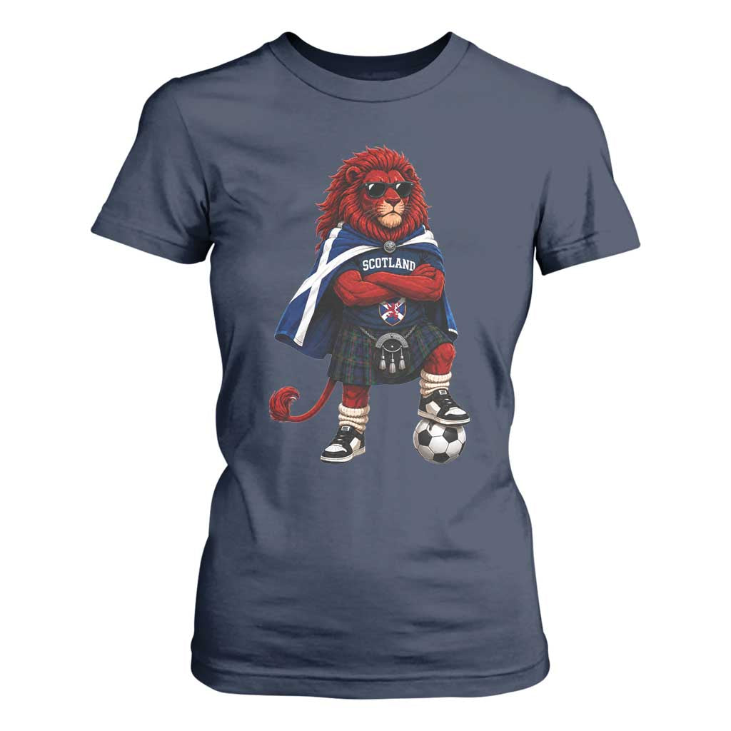 Scotland Rampant Lion Soccer Fan T Shirt For Women Scottish Pride Red Lion in Kilt with Sunglasses Football