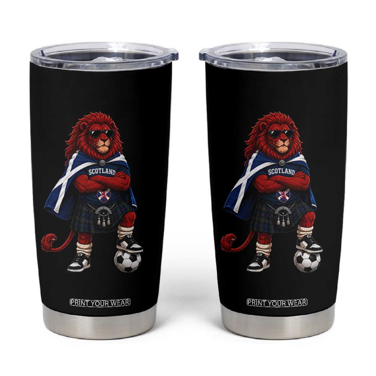 Scotland Rampant Lion Soccer Fan Tumbler Cup Scottish Pride Red Lion in Kilt with Sunglasses Football