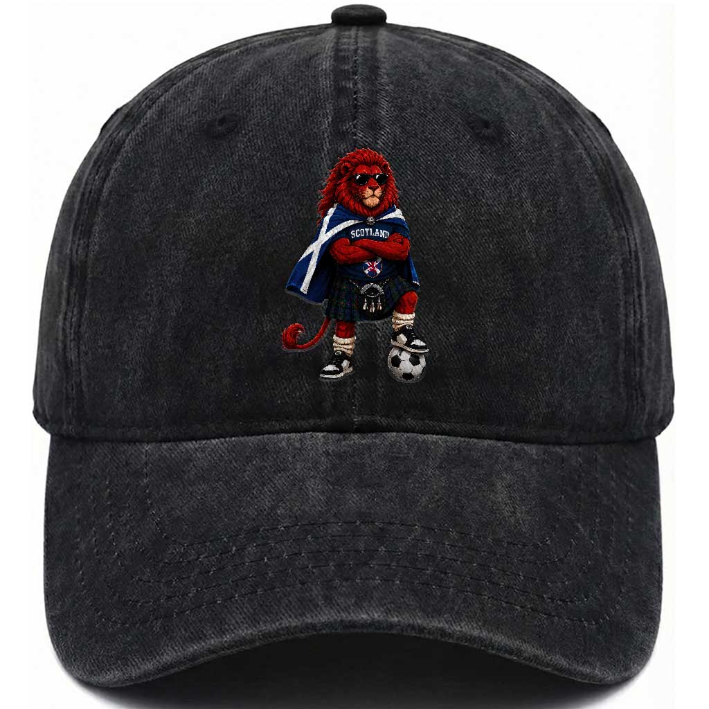 Scotland Rampant Lion Soccer Fan Washed Cotton Baseball Cap Scottish Pride Red Lion in Kilt with Sunglasses Football TS10 Print Your Wear