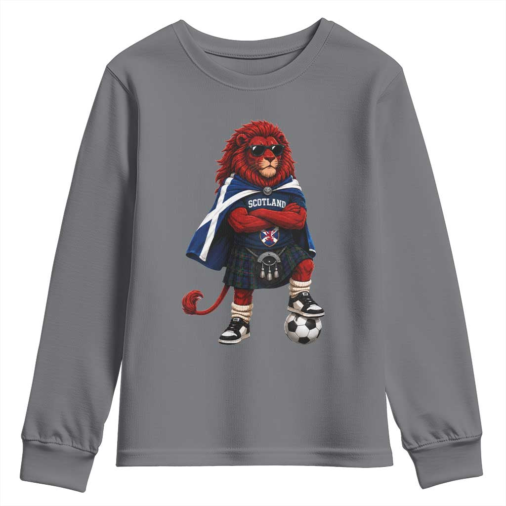 Scotland Rampant Lion Soccer Fan Youth Sweatshirt Scottish Pride Red Lion in Kilt with Sunglasses Football