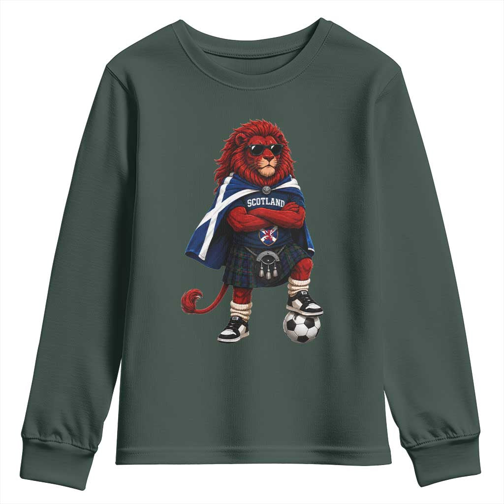Scotland Rampant Lion Soccer Fan Youth Sweatshirt Scottish Pride Red Lion in Kilt with Sunglasses Football