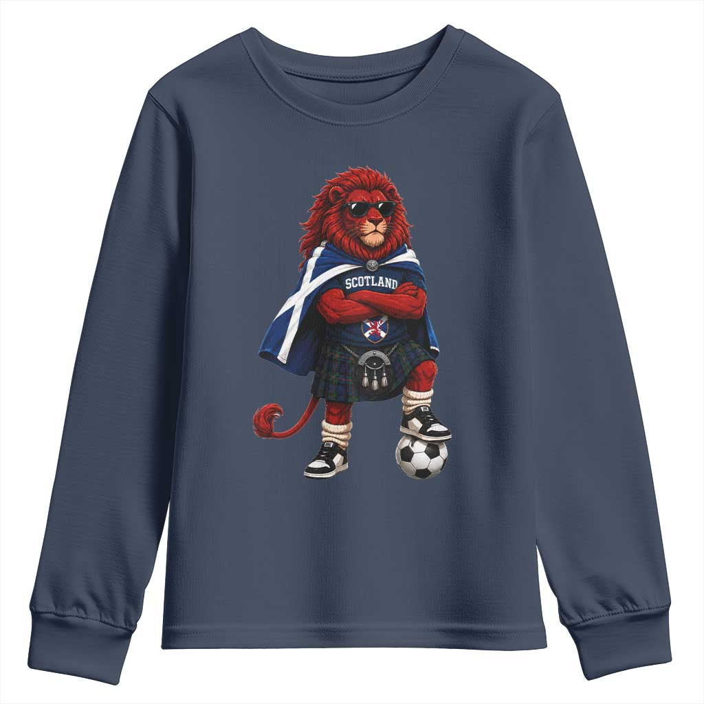 Scotland Rampant Lion Soccer Fan Youth Sweatshirt Scottish Pride Red Lion in Kilt with Sunglasses Football