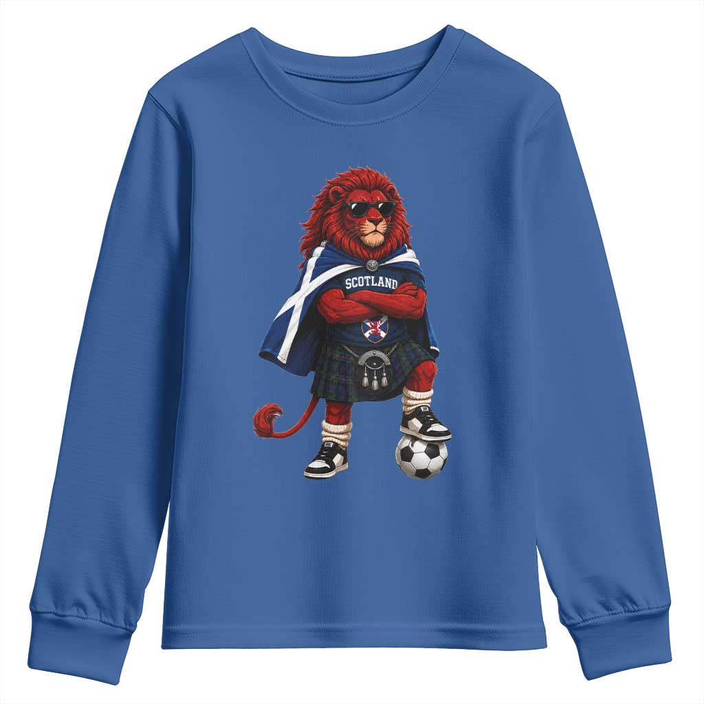 Scotland Rampant Lion Soccer Fan Youth Sweatshirt Scottish Pride Red Lion in Kilt with Sunglasses Football