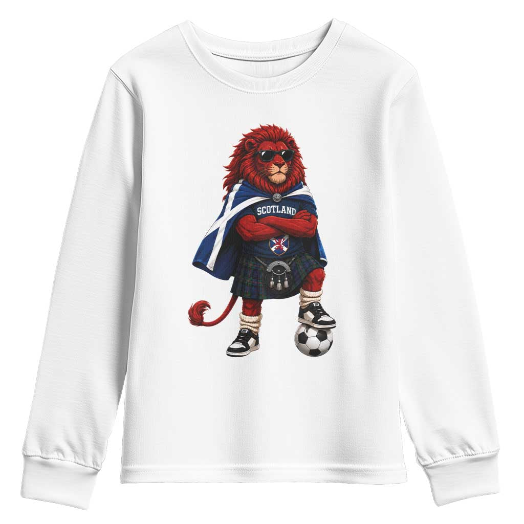 Scotland Rampant Lion Soccer Fan Youth Sweatshirt Scottish Pride Red Lion in Kilt with Sunglasses Football