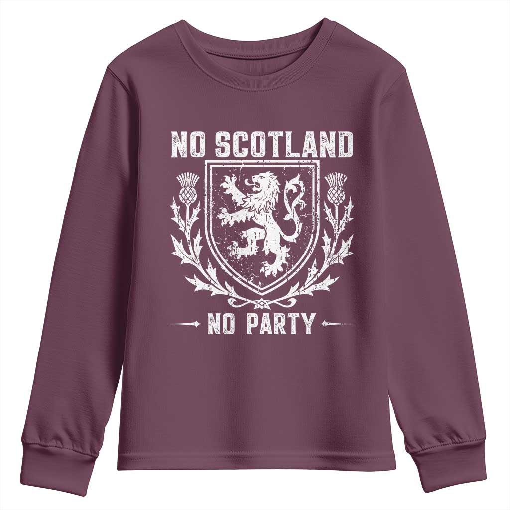 No Scotland No Party Scottish Flag Youth Sweatshirt Retro Scotland Rampant Lion