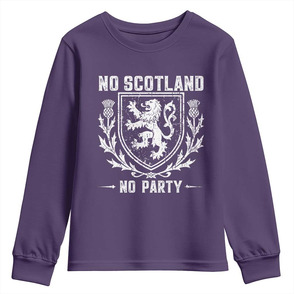 No Scotland No Party Scottish Flag Youth Sweatshirt Retro Scotland Rampant Lion