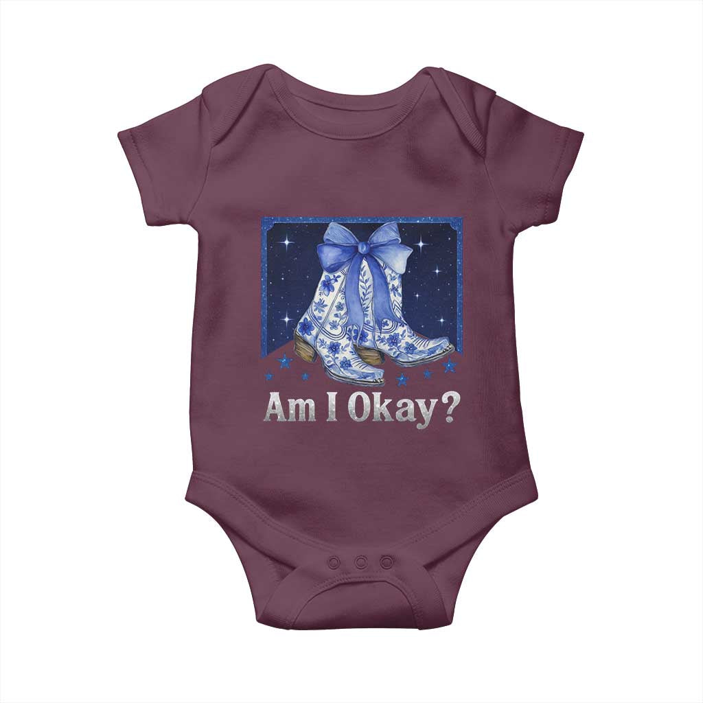 Am I Okay Baby Onesie Boot Cowgirl Coquette Bow TS10 Maroon Print Your Wear