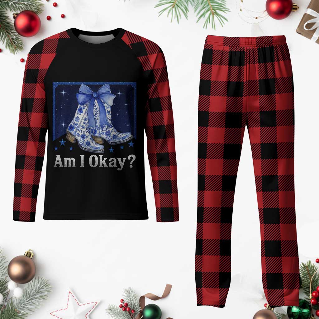 Am I Okay Plaid Pajama Set Boot Cowgirl Coquette Bow TS10 Buffalo Plaid Print Your Wear