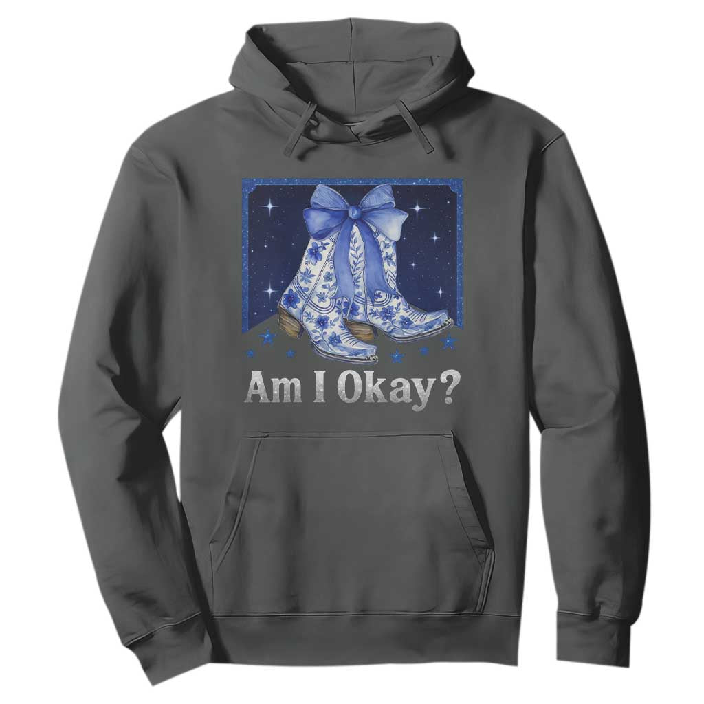 Am I Okay Hoodie Boot Cowgirl Coquette Bow TS10 Dark Heather Print Your Wear