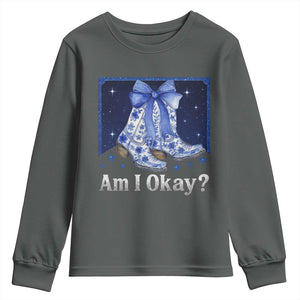 Am I Okay Youth Sweatshirt Boot Cowgirl Coquette Bow TS10 Dark Heather Print Your Wear