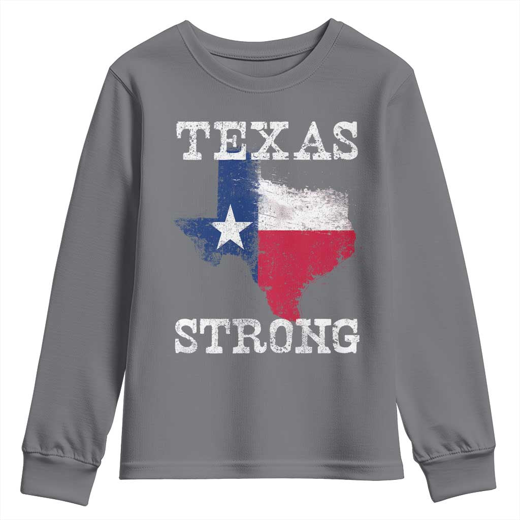 Strong Texas Youth Sweatshirt Distressed Flag Texan Pride Flood Relief Disaster TS10 Charcoal Print Your Wear