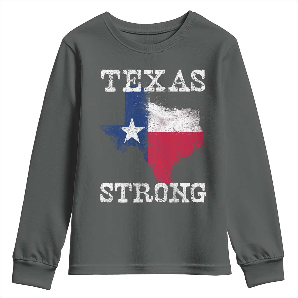 Strong Texas Youth Sweatshirt Distressed Flag Texan Pride Flood Relief Disaster TS10 Dark Heather Print Your Wear