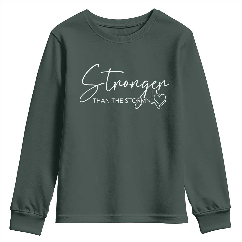 Strong Texas Flood Disaster Relief Youth Sweatshirt Hill Country Flooding Survivor Texan TS10 Dark Forest Green Print Your Wear