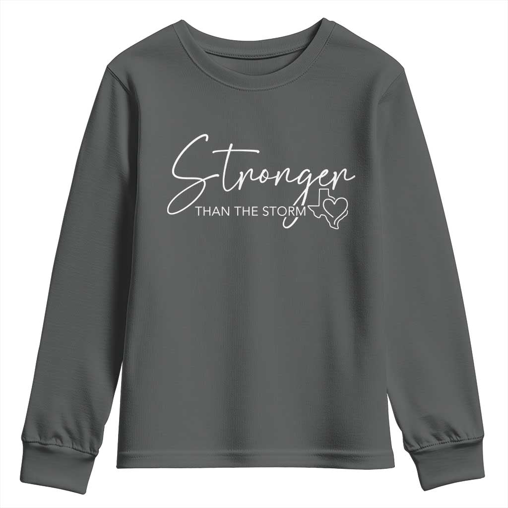 Strong Texas Flood Disaster Relief Youth Sweatshirt Hill Country Flooding Survivor Texan TS10 Dark Heather Print Your Wear