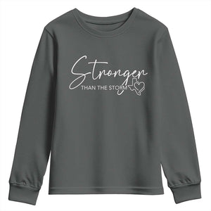 Strong Texas Flood Disaster Relief Youth Sweatshirt Hill Country Flooding Survivor Texan TS10 Dark Heather Print Your Wear