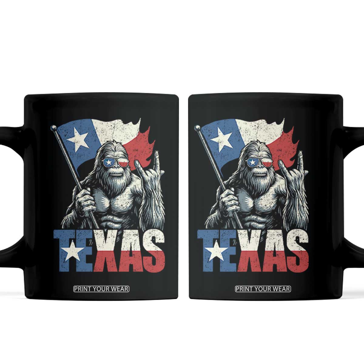 Bigfoot Texas Coffee Mug Sasquatch Loves Rock On Hand Texan Texas Flag TS10 Black Print Your Wear