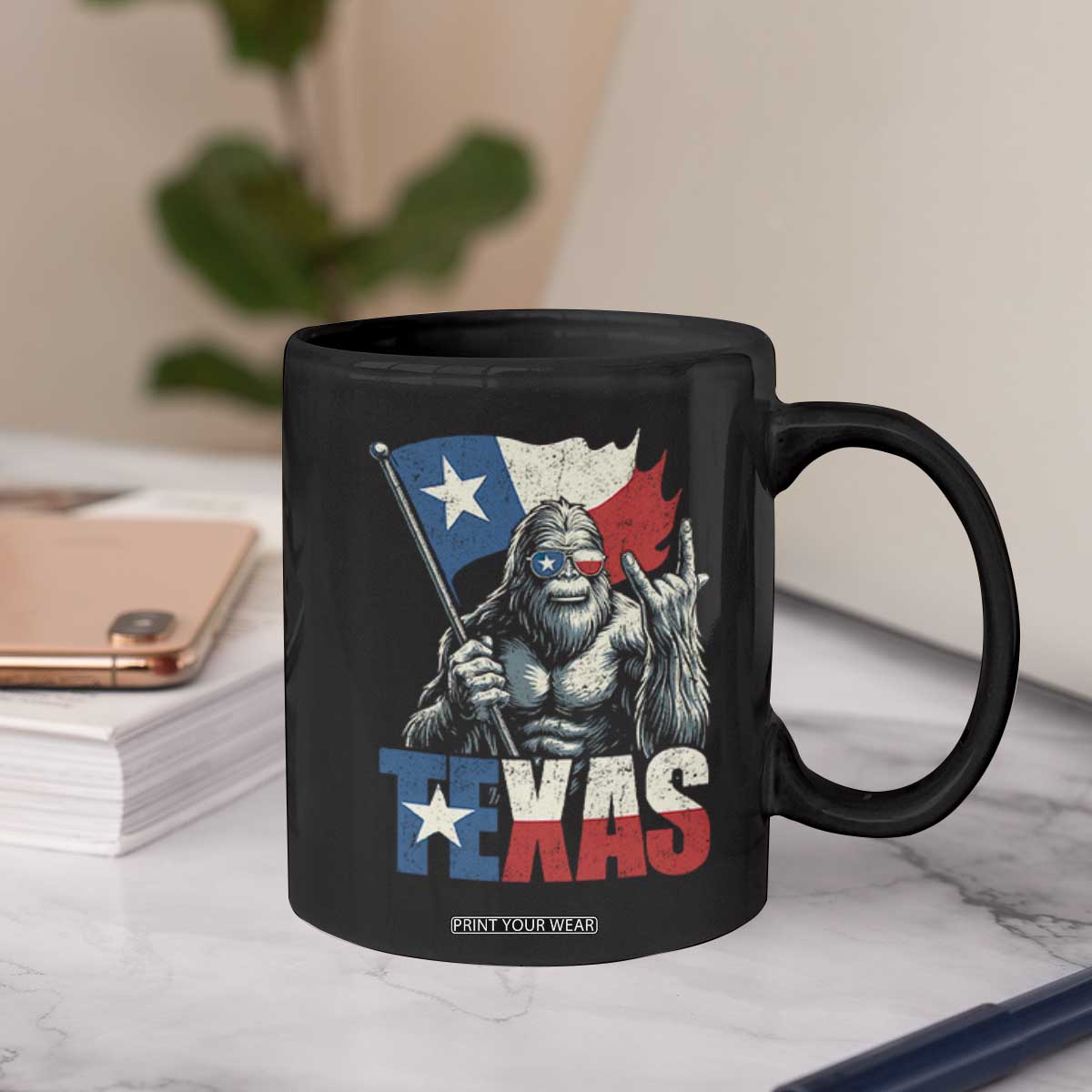 Bigfoot Texas Coffee Mug Sasquatch Loves Rock On Hand Texan Texas Flag TS10 Print Your Wear