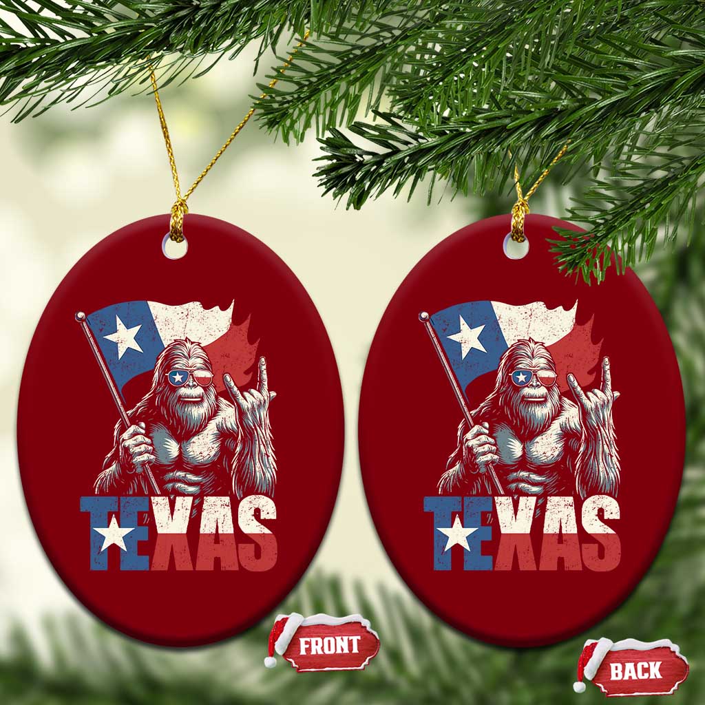 Bigfoot Texas Ceramic Ornament Sasquatch Loves Rock On Hand Texan Texas Flag - Print Your Wear
