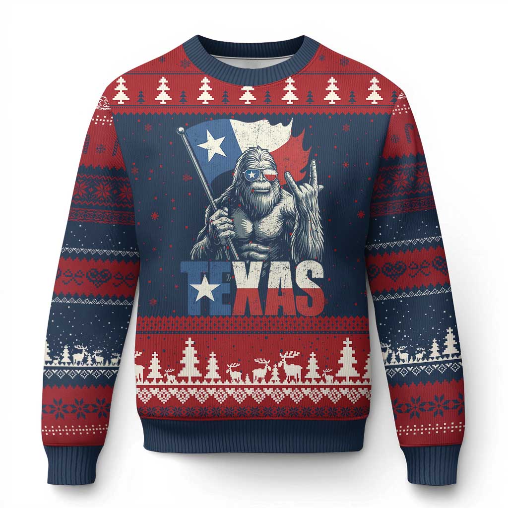 Bigfoot Texas Ugly Christmas Sweater Sasquatch Loves Rock On Hand Texan Texas Flag TS10 Navy Red Print Your Wear