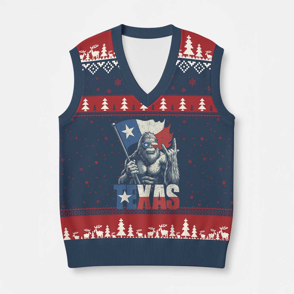 Bigfoot Texas V-Neck Knit Sweater Vest Sasquatch Loves Rock On Hand Texan Texas Flag TS10 Navy Red Print Your Wear