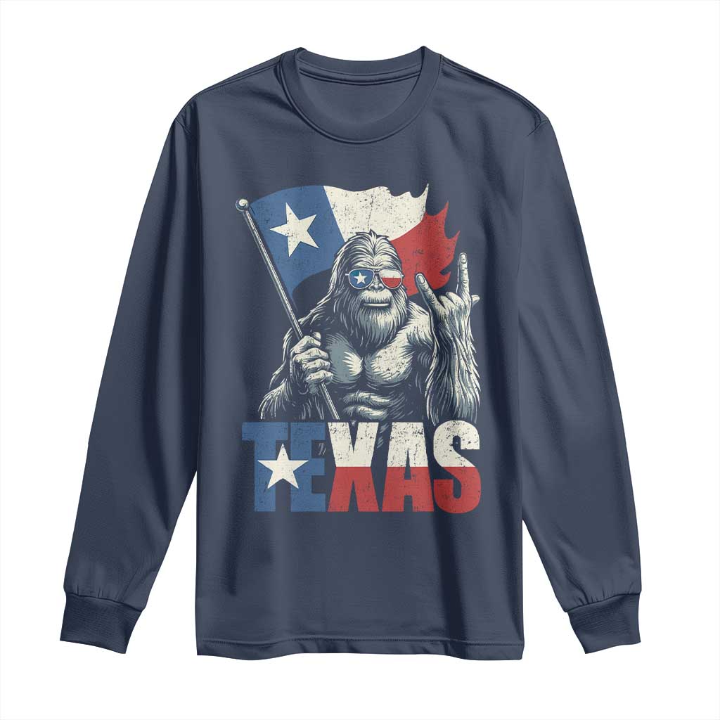 Bigfoot Texas Long Sleeve Shirt Sasquatch Loves Rock On Hand Texan Texas Flag TS10 Navy Print Your Wear