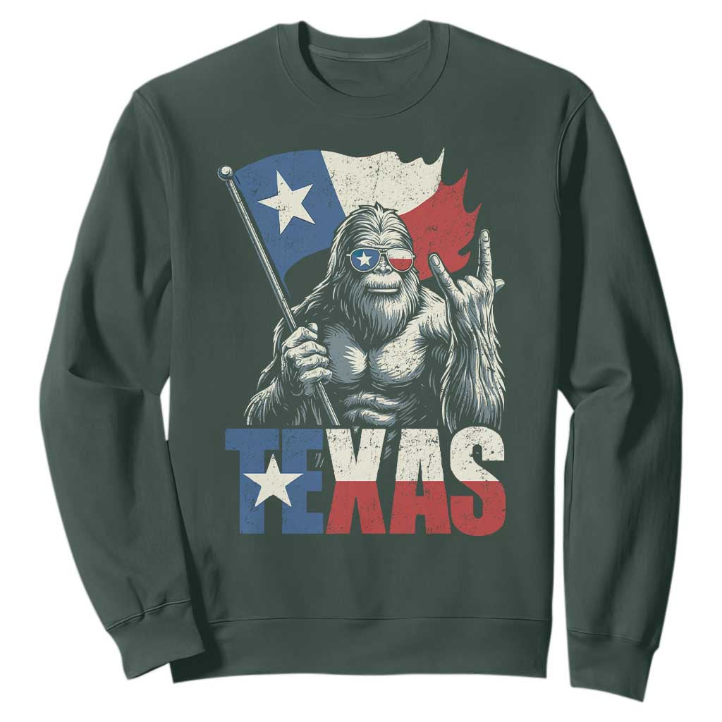 Bigfoot Texas Sweatshirt Sasquatch Loves Rock On Hand Texan Texas Flag TS10 Dark Forest Green Print Your Wear