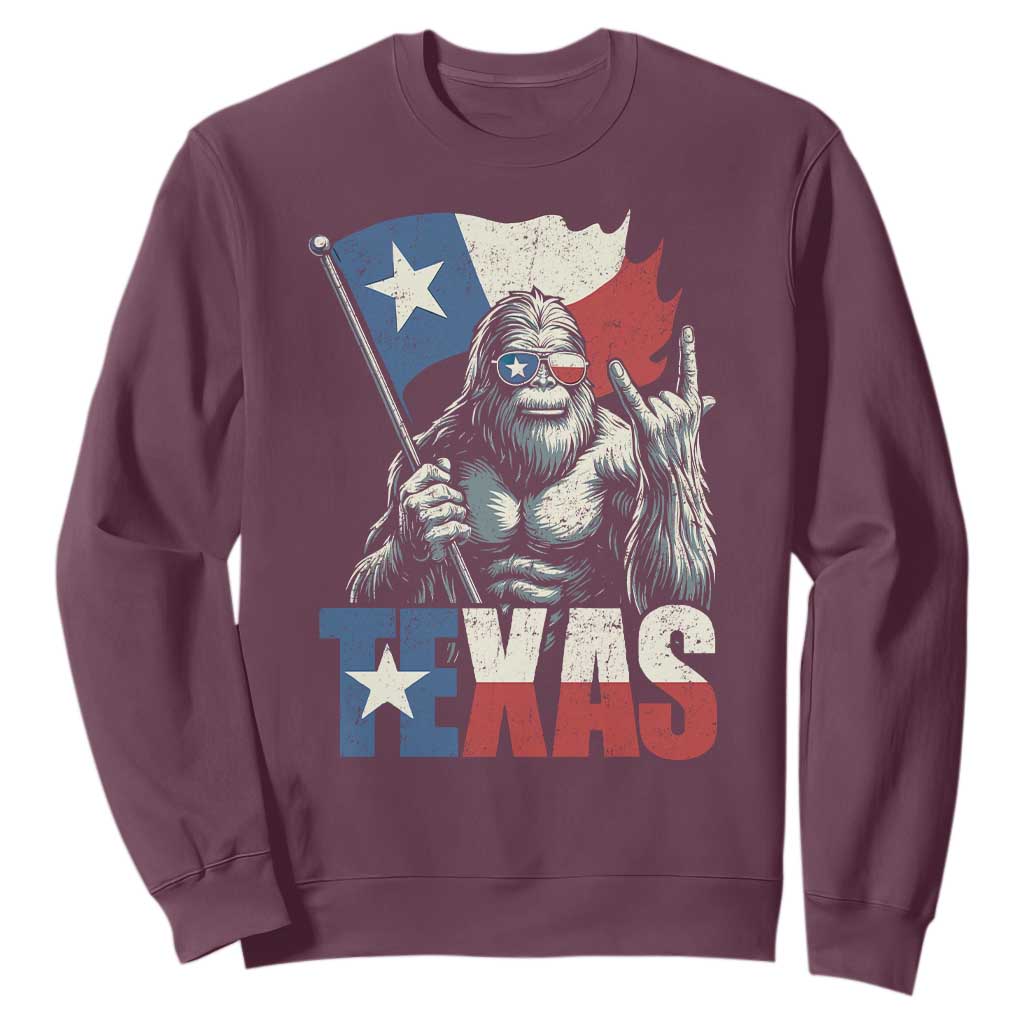 Bigfoot Texas Sweatshirt Sasquatch Loves Rock On Hand Texan Texas Flag TS10 Maroon Print Your Wear