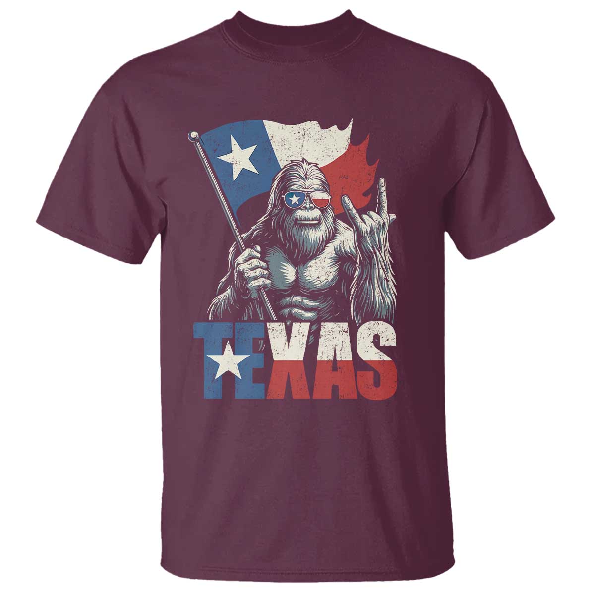 Bigfoot Texas T Shirt Sasquatch Loves Rock On Hand Texan Texas Flag TS10 Maroon Print Your Wear