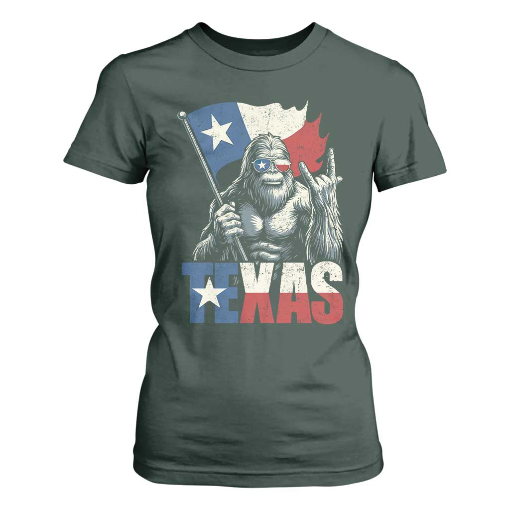 Bigfoot Texas T Shirt For Women Sasquatch Loves Rock On Hand Texan Texas Flag TS10 Dark Forest Green Print Your Wear