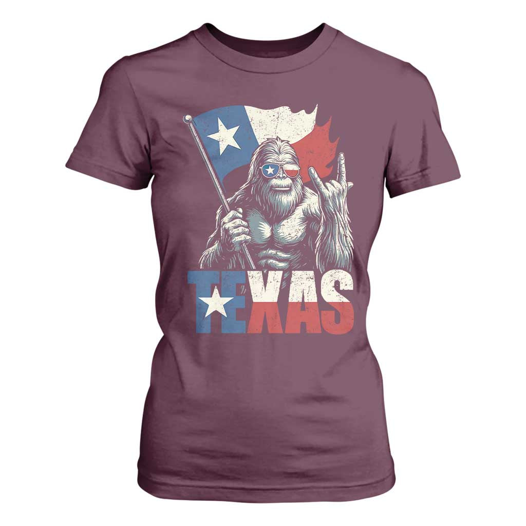 Bigfoot Texas T Shirt For Women Sasquatch Loves Rock On Hand Texan Texas Flag TS10 Maroon Print Your Wear