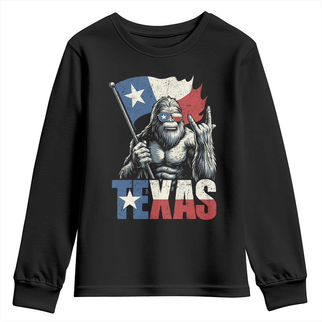 Bigfoot Texas Youth Sweatshirt Sasquatch Loves Rock On Hand Texan Texas Flag TS10 Black Print Your Wear