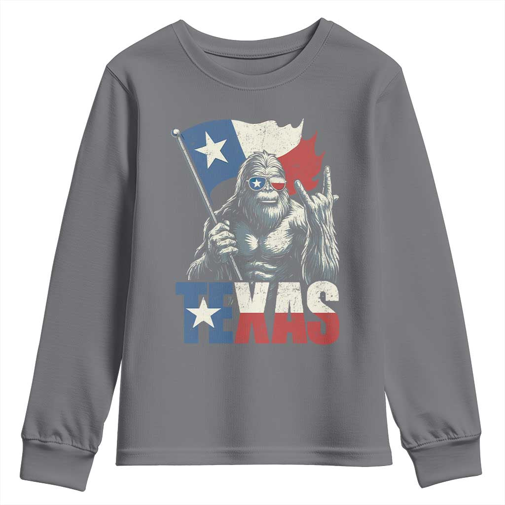 Bigfoot Texas Youth Sweatshirt Sasquatch Loves Rock On Hand Texan Texas Flag TS10 Charcoal Print Your Wear