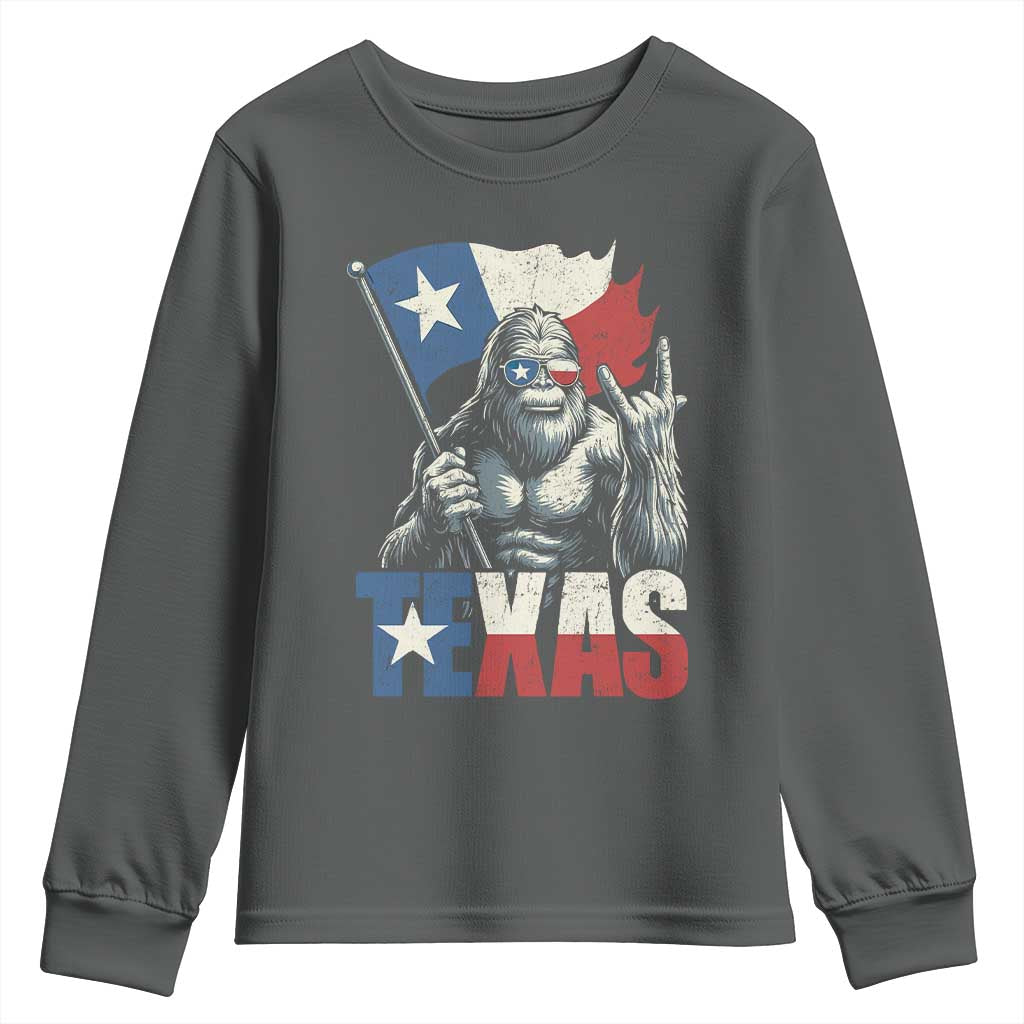 Bigfoot Texas Youth Sweatshirt Sasquatch Loves Rock On Hand Texan Texas Flag TS10 Dark Heather Print Your Wear