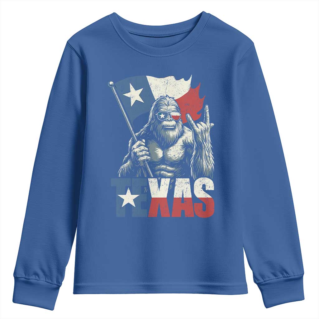 Bigfoot Texas Youth Sweatshirt Sasquatch Loves Rock On Hand Texan Texas Flag TS10 Royal Blue Print Your Wear