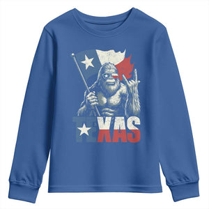 Bigfoot Texas Youth Sweatshirt Sasquatch Loves Rock On Hand Texan Texas Flag TS10 Royal Blue Print Your Wear