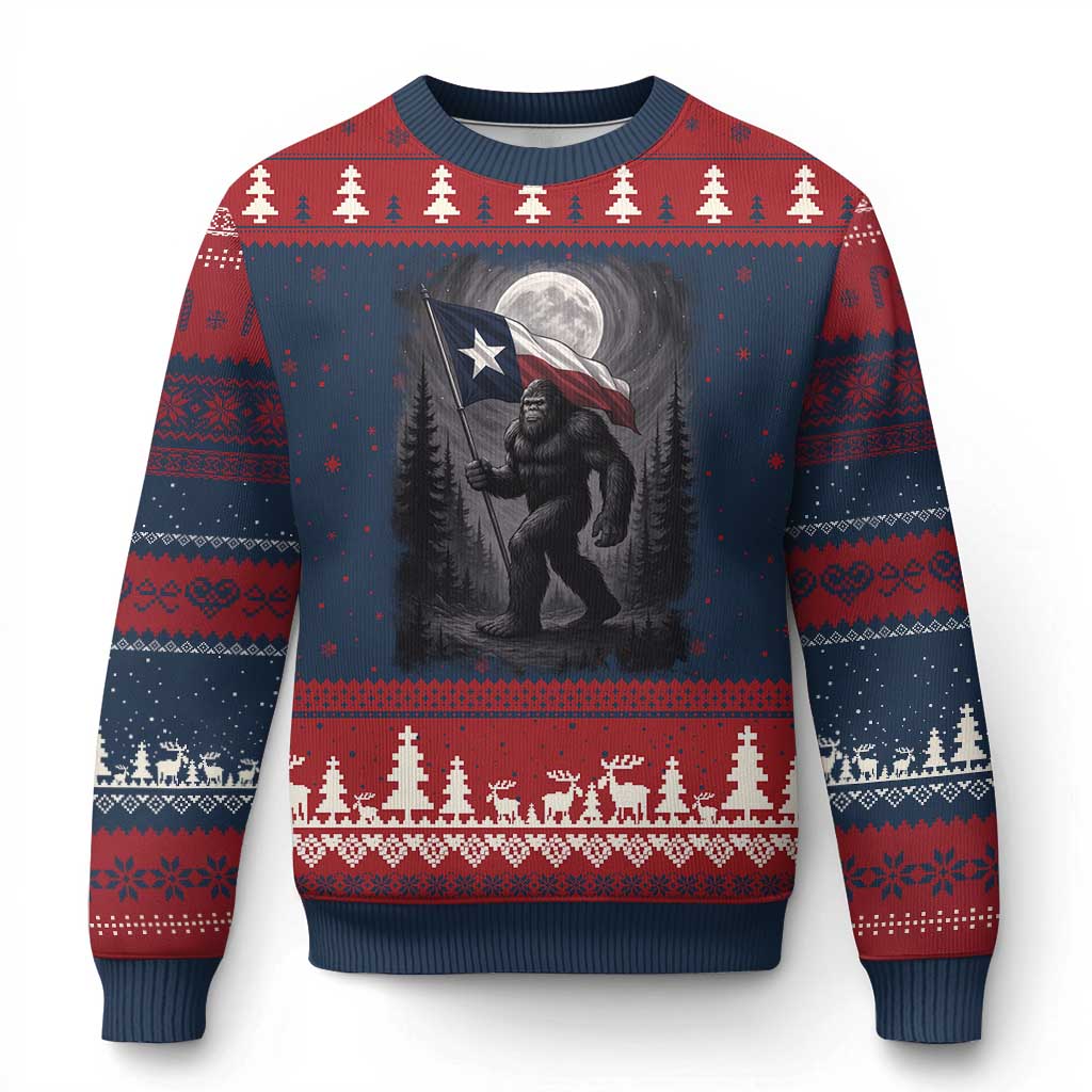 Bigfoot Texas Ugly Christmas Sweater Forest Sasquatch Loves Rock On Hand Texas Flag TS10 Navy Red Print Your Wear