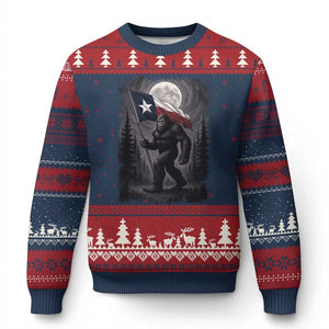 Bigfoot Texas Ugly Christmas Sweater Forest Sasquatch Loves Rock On Hand Texas Flag TS10 Navy Red Print Your Wear