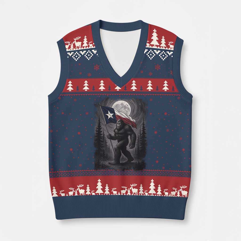 Bigfoot Texas V-Neck Knit Sweater Vest Forest Sasquatch Loves Rock On Hand Texas Flag TS10 Navy Red Print Your Wear